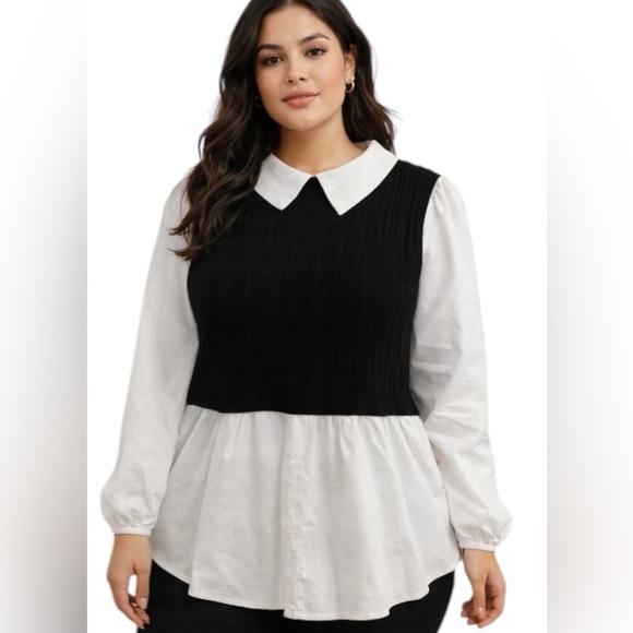 Curvzy Tops - Curvzy Blusa 3XL Blanco Negro Cuello Peter Pan Nueva